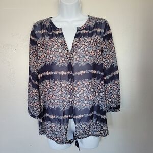 Maurices Navy Blue Floral Chiffon Blouse Small Flower Print Semi-sheer 3/4 Sleev